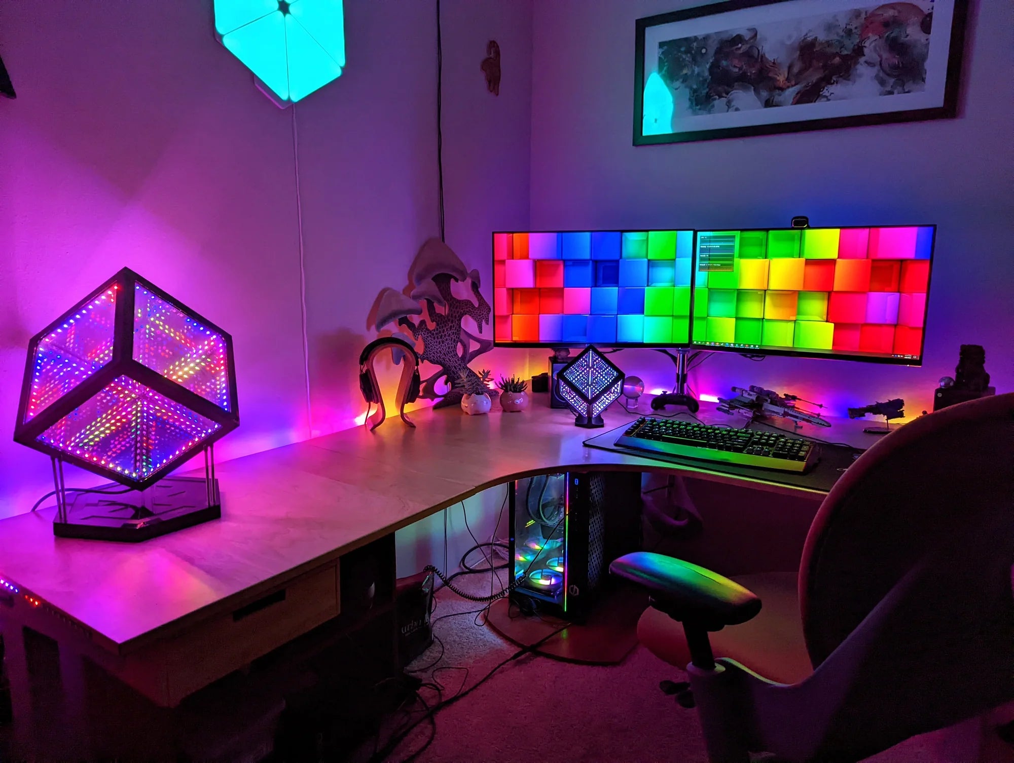 A computer desk with vibrant, best christmas lights.
