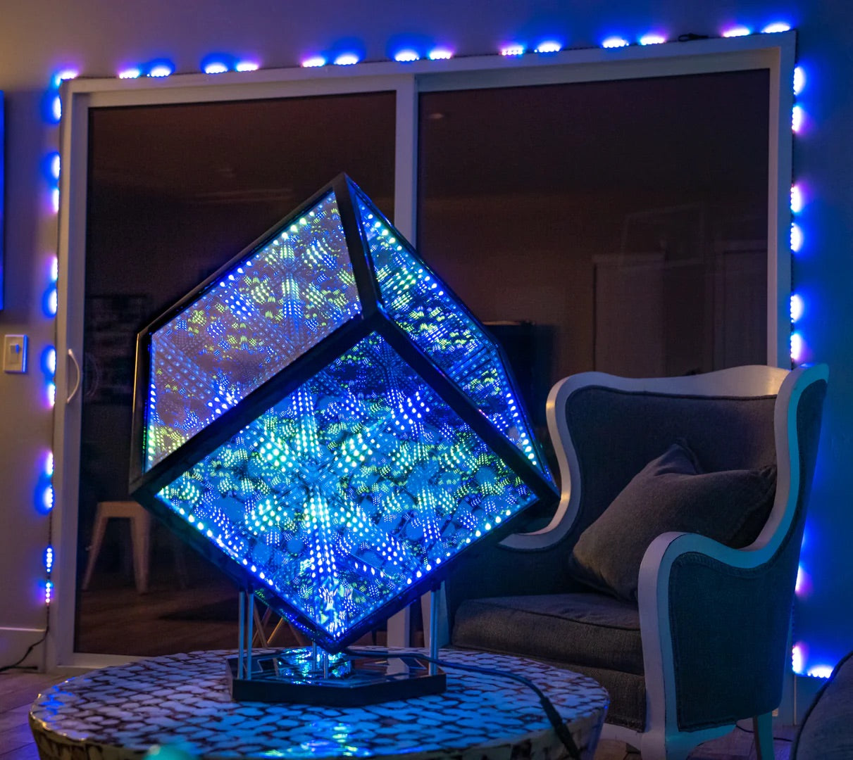 Living room with an LED art cube in front of the sitting area 