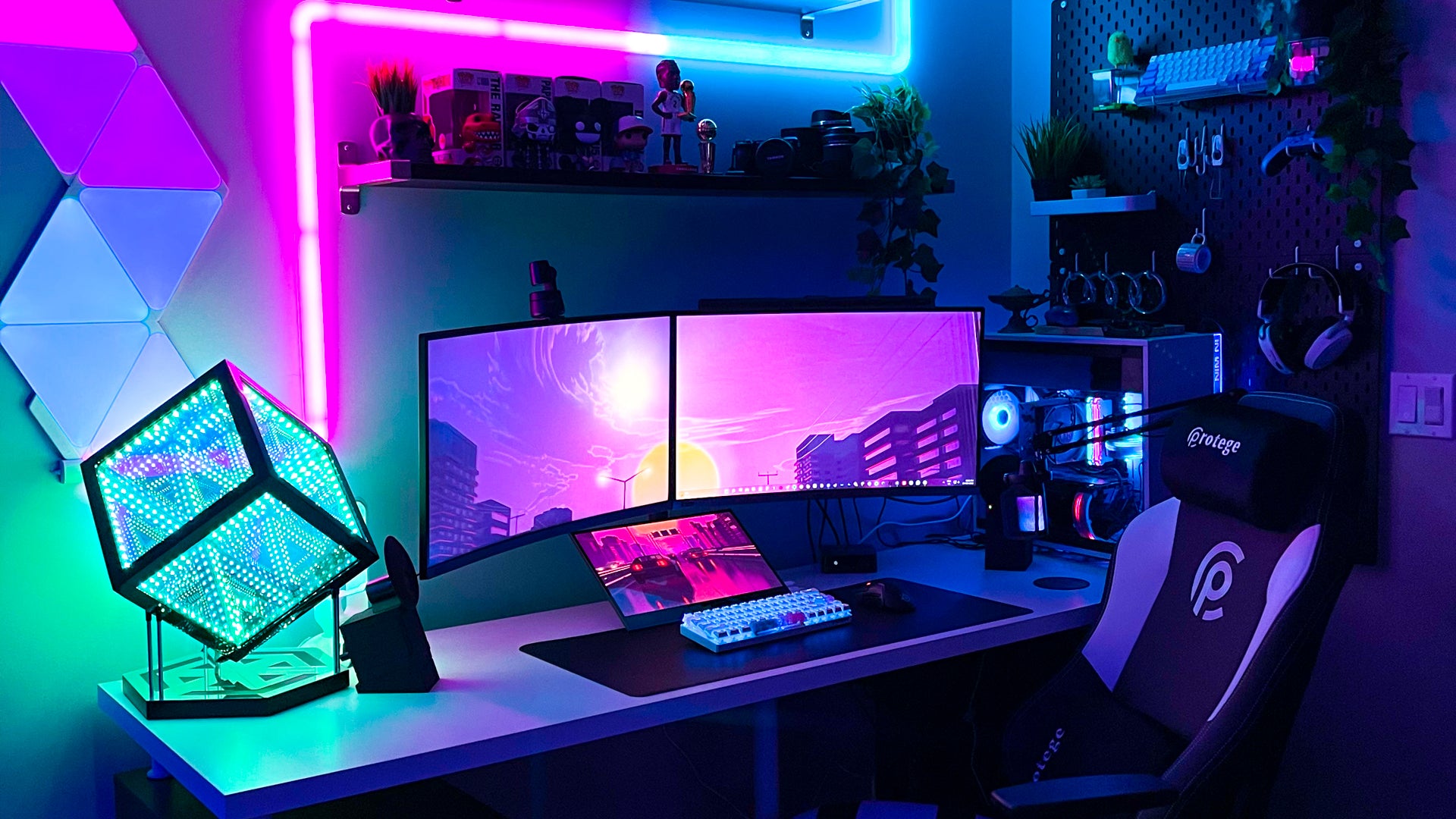 video game room lighting desk setup
